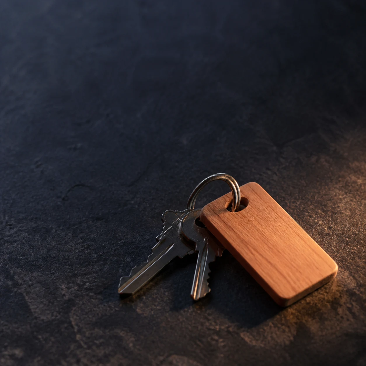 A set of house keys on a cedar tag resting on dark stone