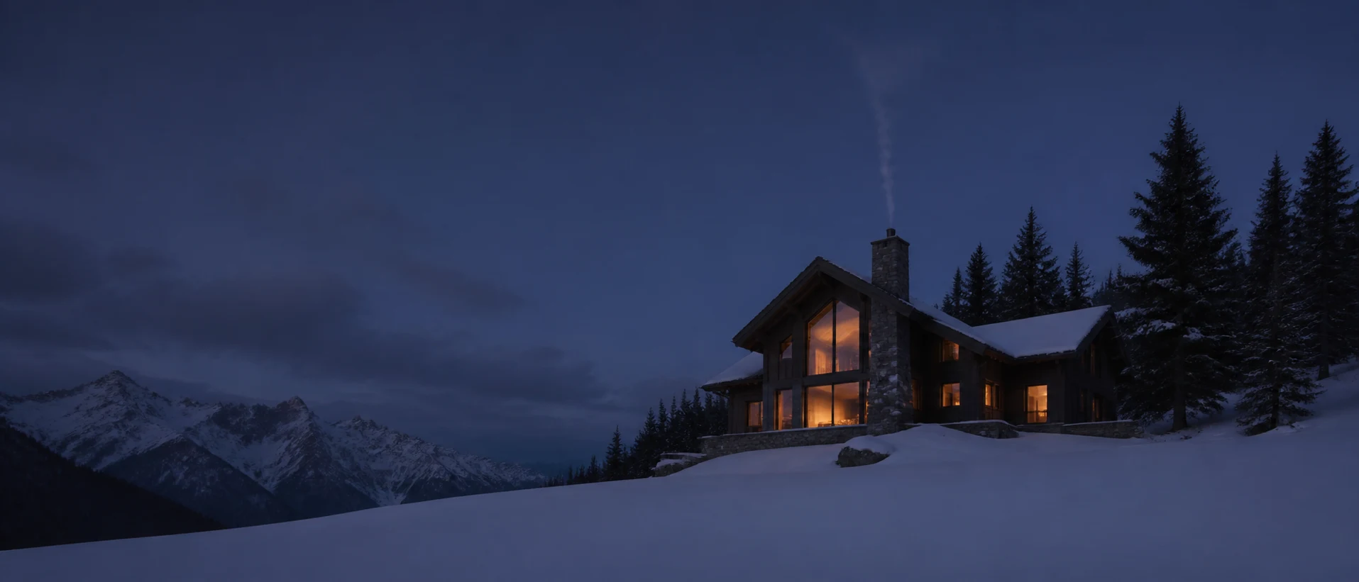 A mountain home at blue hour with its windows lit and the drive cleared